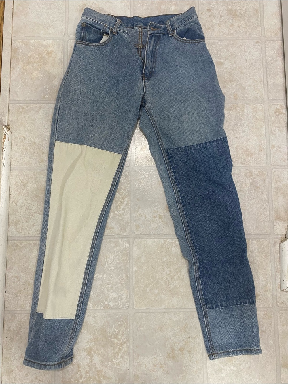 Brandy Melville Two-Tone Boyfriend Jeans - Blue and Cream Patch